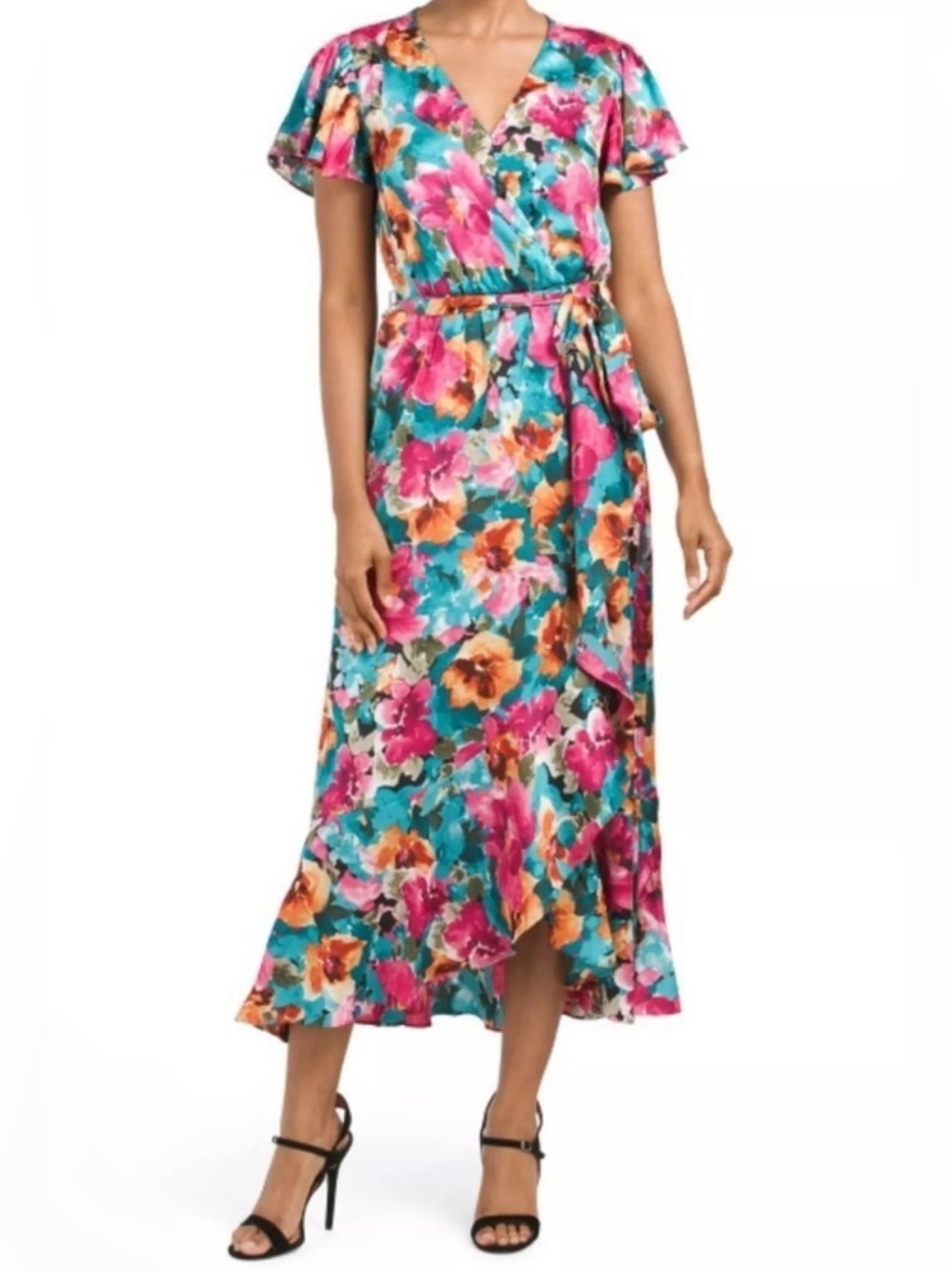 NWT Nicole Miller Teal Pink Orange Floral Satin Ruffle Maxi Midi Dress Womens S